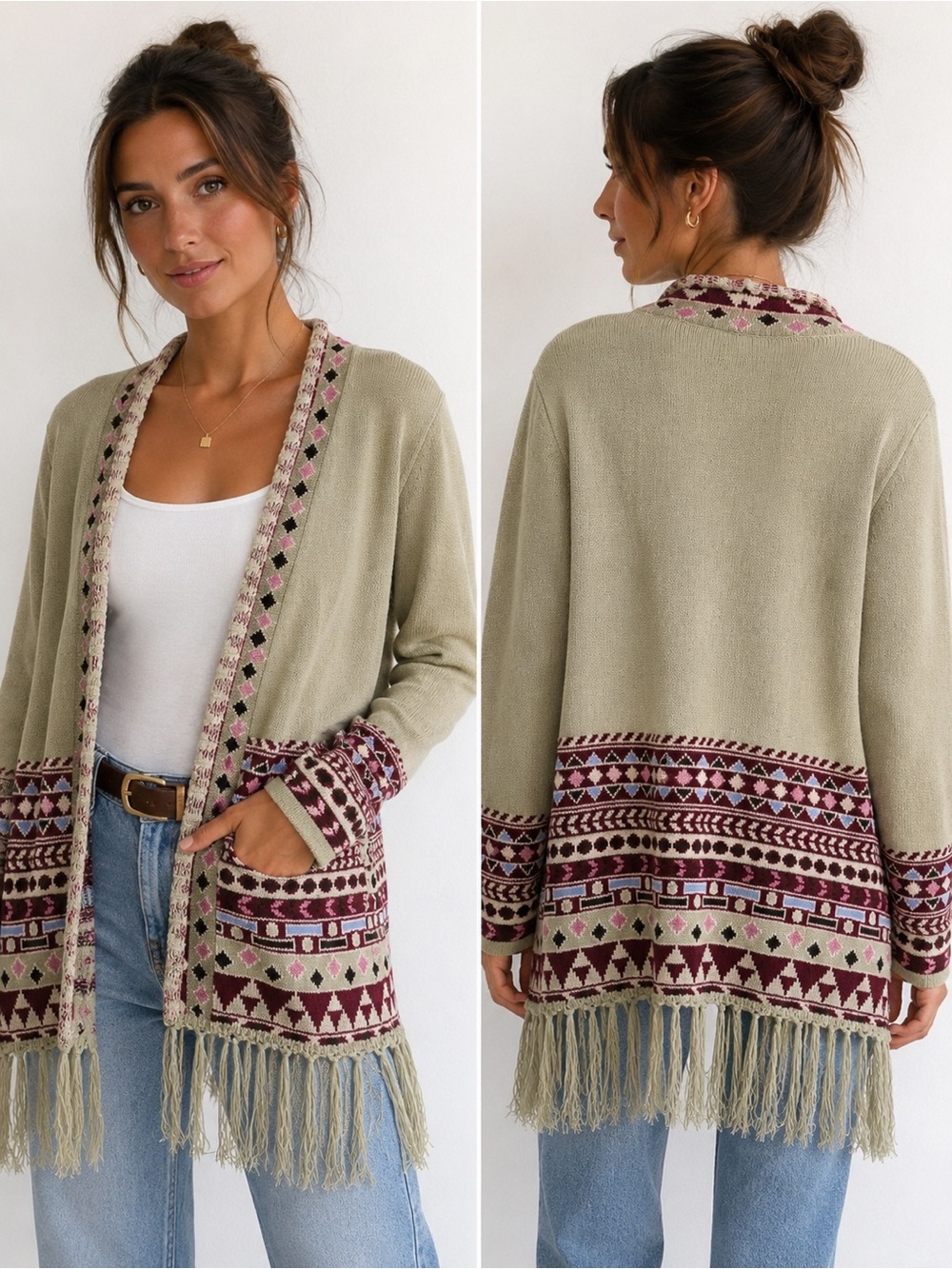 100% Cotton Vicki Wayne Boho Southwestern Festival Open-Front Fringe Cardigan M